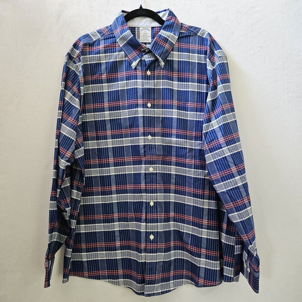 Brooks Brother Mens XXL Blue Plaid Button Down‎ Regent Long Sleeve Shirt Casual